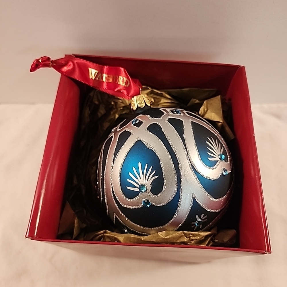 Vintage WATERFORD Christmas Tree Ornament Navy Regal Glass 4.5” Box Teal Silver